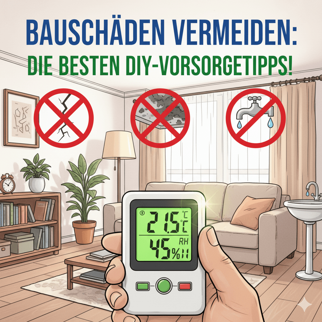 #ai Detailaufnahme der Überwachung der Raumluft. Eine Hand hält ein Hygrometer, das optimale Werte für Temperatur und Feuchtigkeit anzeigt. Das Bild betont die präventive Kontrolle, um Bausch