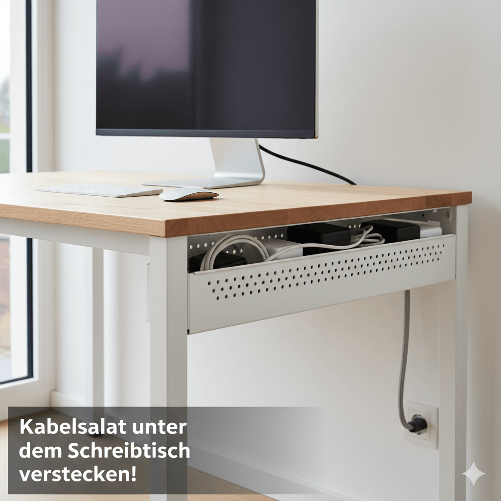 #ai Detailaufnahme der Installation eines Kabelnetzes oder einer Kabelwanne unter einem Schreibtisch. Das Bild zeigt, wie Netzteile und überschüssige Kabel effizient und unsichtbar verstaut w
