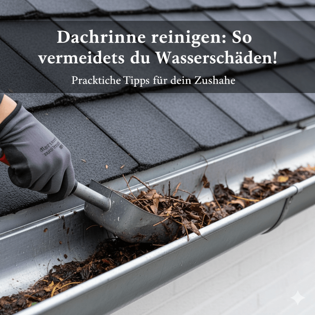 #ai Detailaufnahme der manuellen Reinigung einer Dachrinne. Eine Hand mit Arbeitshandschuh verwendet einen Dachrinnenlöffel, um angesammeltes Laub und Schmutz zu entfernen. Das Bild betont di