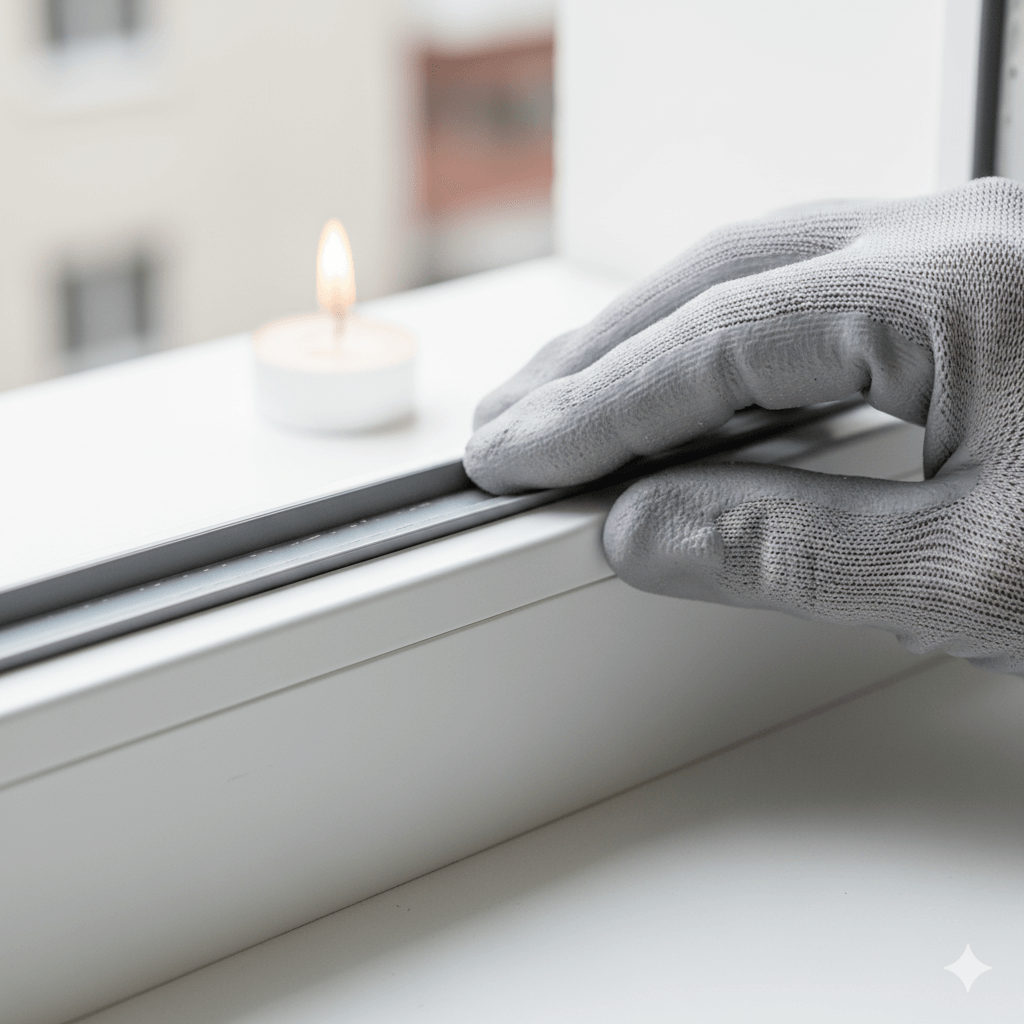 #ai Detailaufnahme der Montage eines Gummi-Dichtungsbands an einem Fensterrahmen. Die Hand drückt das selbstklebende Band in den Fensterfalz. Das Bild veranschaulicht die DIY-Methode zur Redu