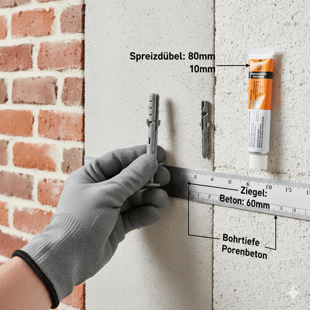#ai Detailaufnahme verschiedener Dübeltypen (Spreizdübel, Hohlraumdübel, Injektionsmörtel) vor einer schematischen Wand aus Beton, Ziegel und Gipskarton. Das Bild dient zur Veranschaulichung 
