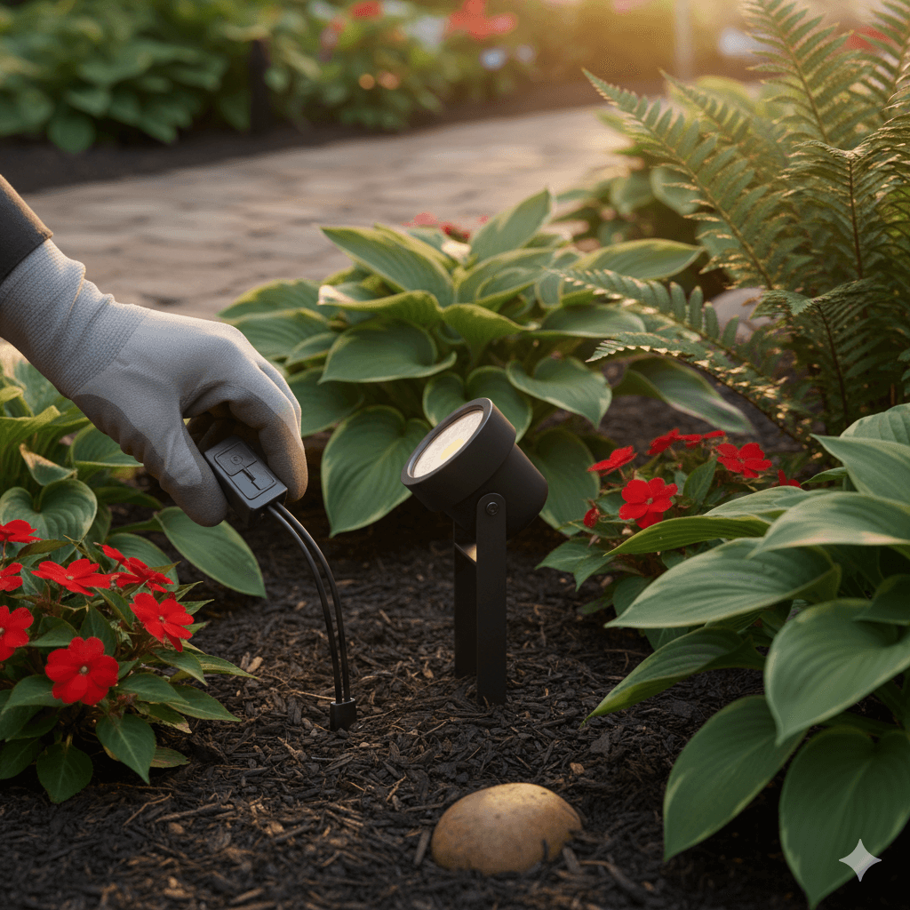 #ai Detailaufnahme der Verbindung von Niedervolt-Kabeln in einem Garten. Der Fokus liegt auf den wasserdichten Steckverbindern (Plug-and-Play) und der Verlegung des Kabels nahe der Oberfläche