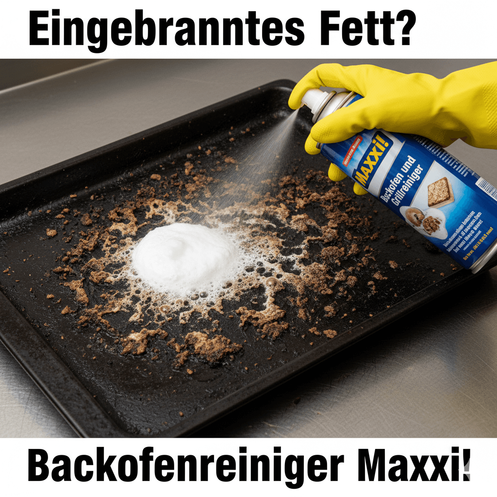 Detailaufnahme der Anwendung eines professionellen Backofen- und Grillreinigers auf einem stark verschmutzten Backblech. Der Schaum des Maxxi! Reinigers wird auf die Verkrustungen… #ai
