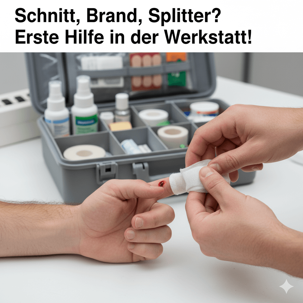 Detailaufnahme der Versorgung einer kleinen Schnittwunde am Finger eines Heimwerkers in der Werkstatt. Es wird demonstriert, wie Druck mit einem sterilen Verband ausgeübt wird. Das Bild… #ai
