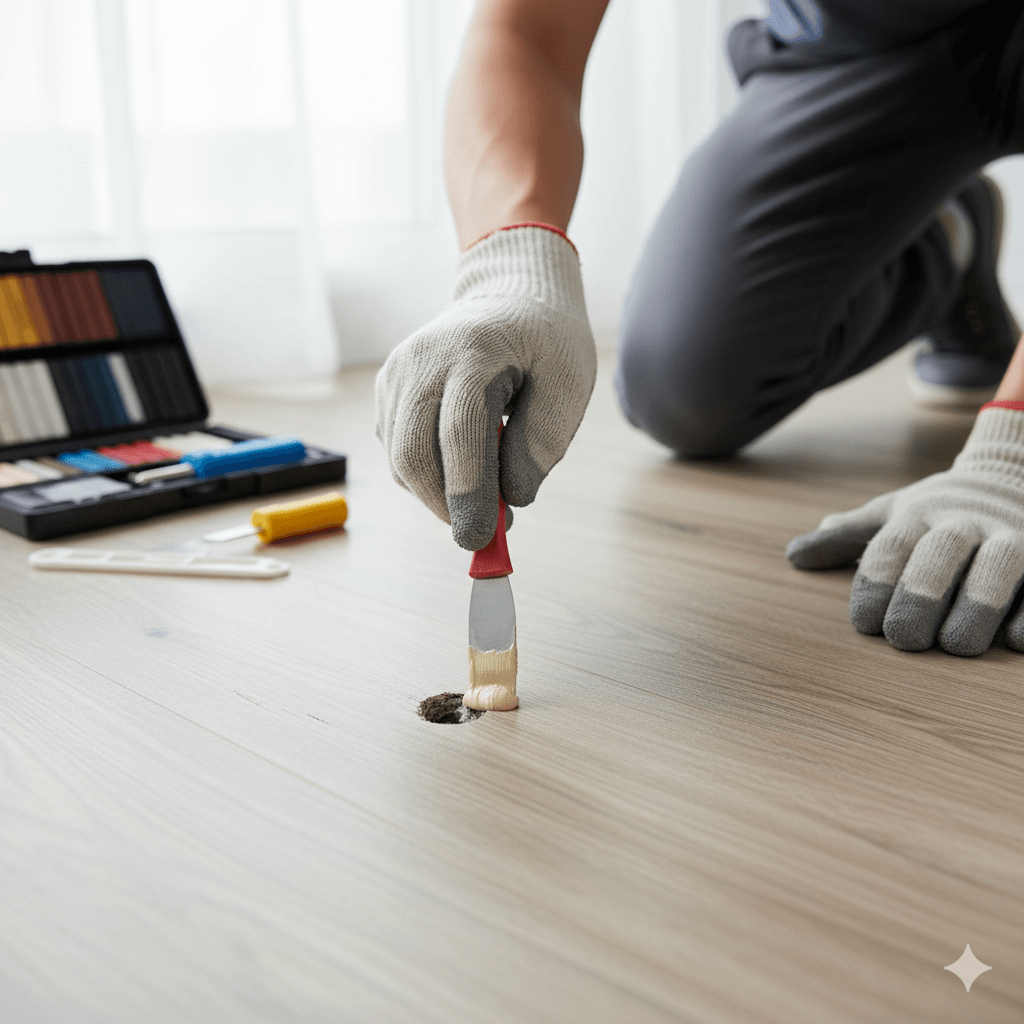 Detailaufnahme der Reparatur eines Laminatbodens. Ein Heimwerker füllt ein Loch mit Hartwachs aus einem Reparatur-Kit. Das Bild zeigt die präzise Arbeit mit dem Spachtel und das saubere… #ai