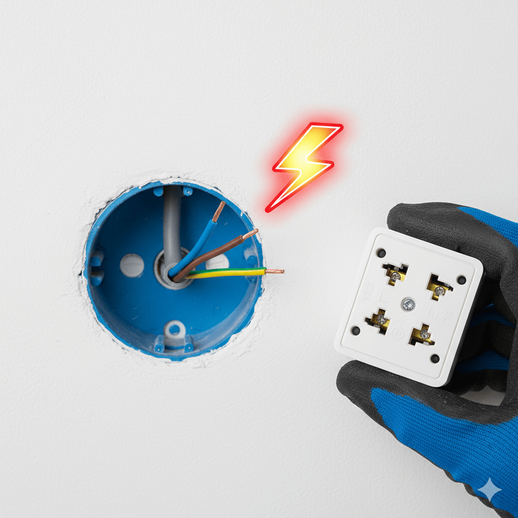 Eine Detailaufnahme der Anschlusstechnik einer Steckdose. Die drei abisolierten Kabel (Braun/Schwarz, Blau, Grün-Gelb) sind sichtbar, um die korrekte Belegung (L, N, PE) zu… #ai