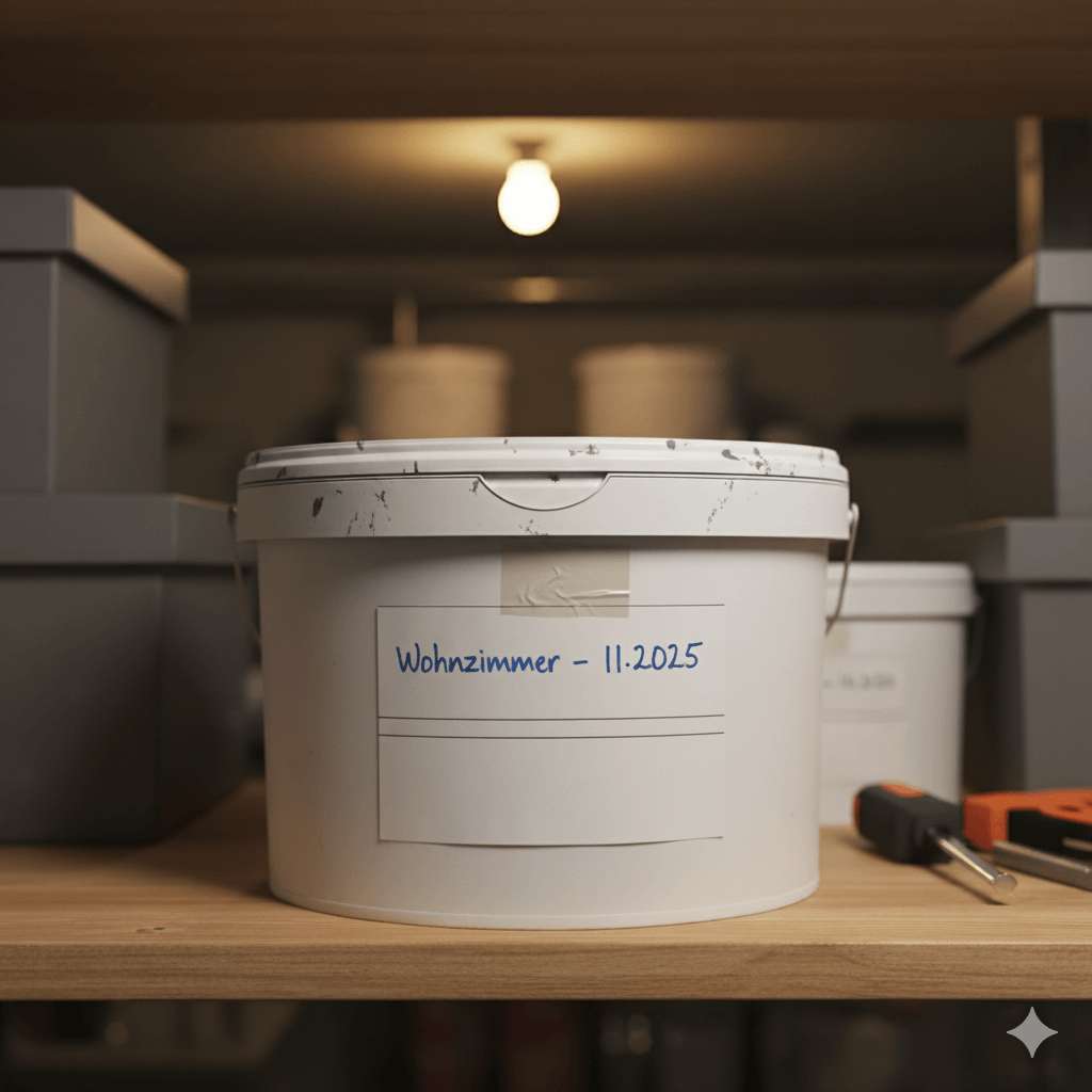 #ai Ein Eimer Wandfarbe, der für die Überwinterung vorbereitet wird: Deckel fest verschlossen, beschriftet und in einem warmen, frostfreien Lagerraum wie einem Keller abgestellt.