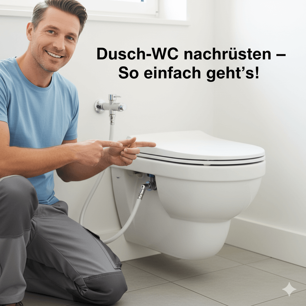 Ein Heimwerker demonstriert in Nahaufnahme die Montage des T-Stücks am Eckventil der Toilette, um den Wasserzulauf für ein nachgerüstetes Dusch-WC herzustellen. Der Fokus liegt auf der… #ai