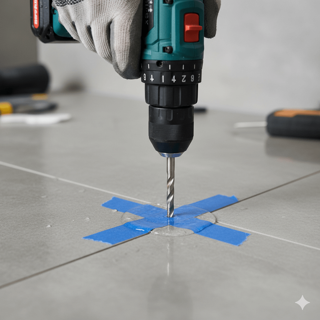 Nahaufnahme einer Handwerkerin oder eines Handwerkers, die/der mit einem Diamant-Fliesenbohrer ein Loch in eine moderne, graue Fliese bohrt. Die Bohrstelle ist mit Klebeband fixiert und… #ai