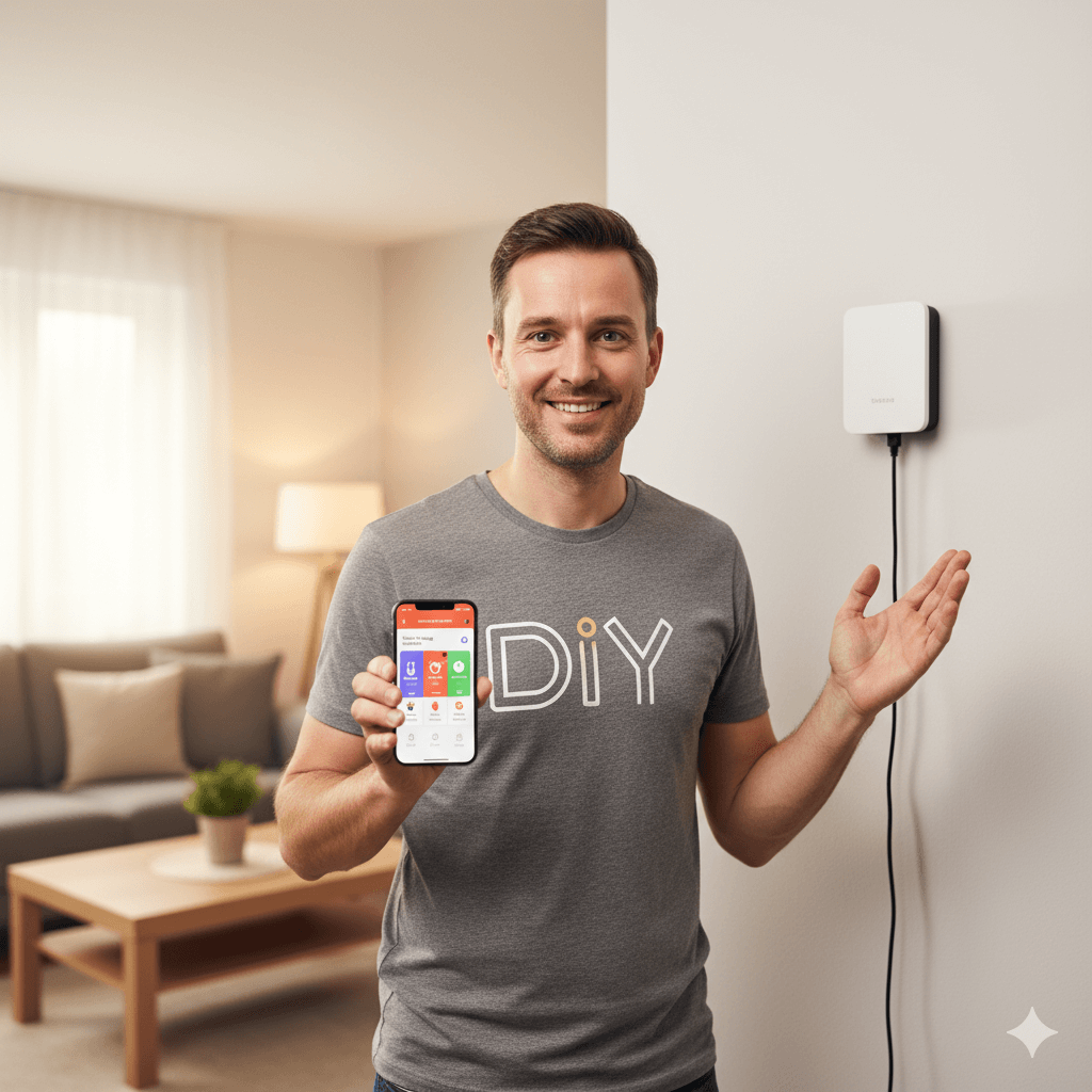 etailaufnahme eines Heimwerkers, der im DIY-Stil seine neue Smart Home Zentrale in einem modernen Wohnzimmer montiert und über sein Smartphone konfiguriert. Dieses Bild verdeutlicht den… #ai