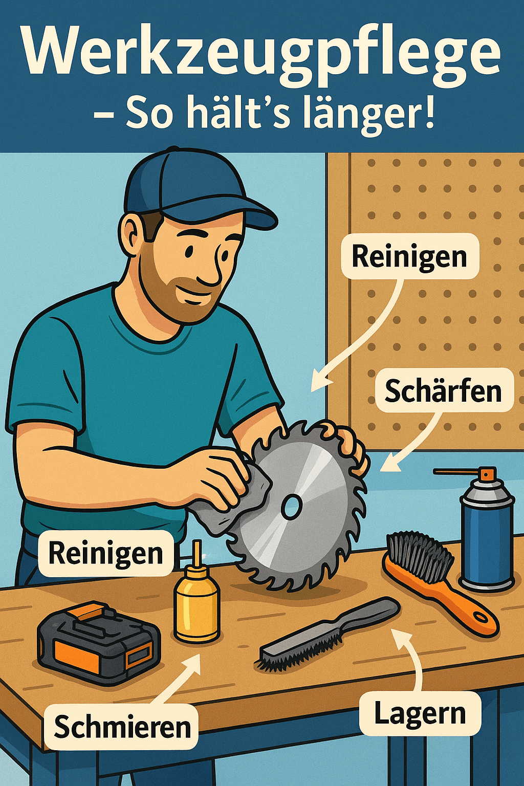 Comic-Illustration eines Heimwerkers an der Werkbank beim Reinigen eines Sägeblatts; Öl, Bürste, Druckluft und Akkus sichtbar; On-Image-Text „Werkzeugpflege – So hält's länger!“. #ai
