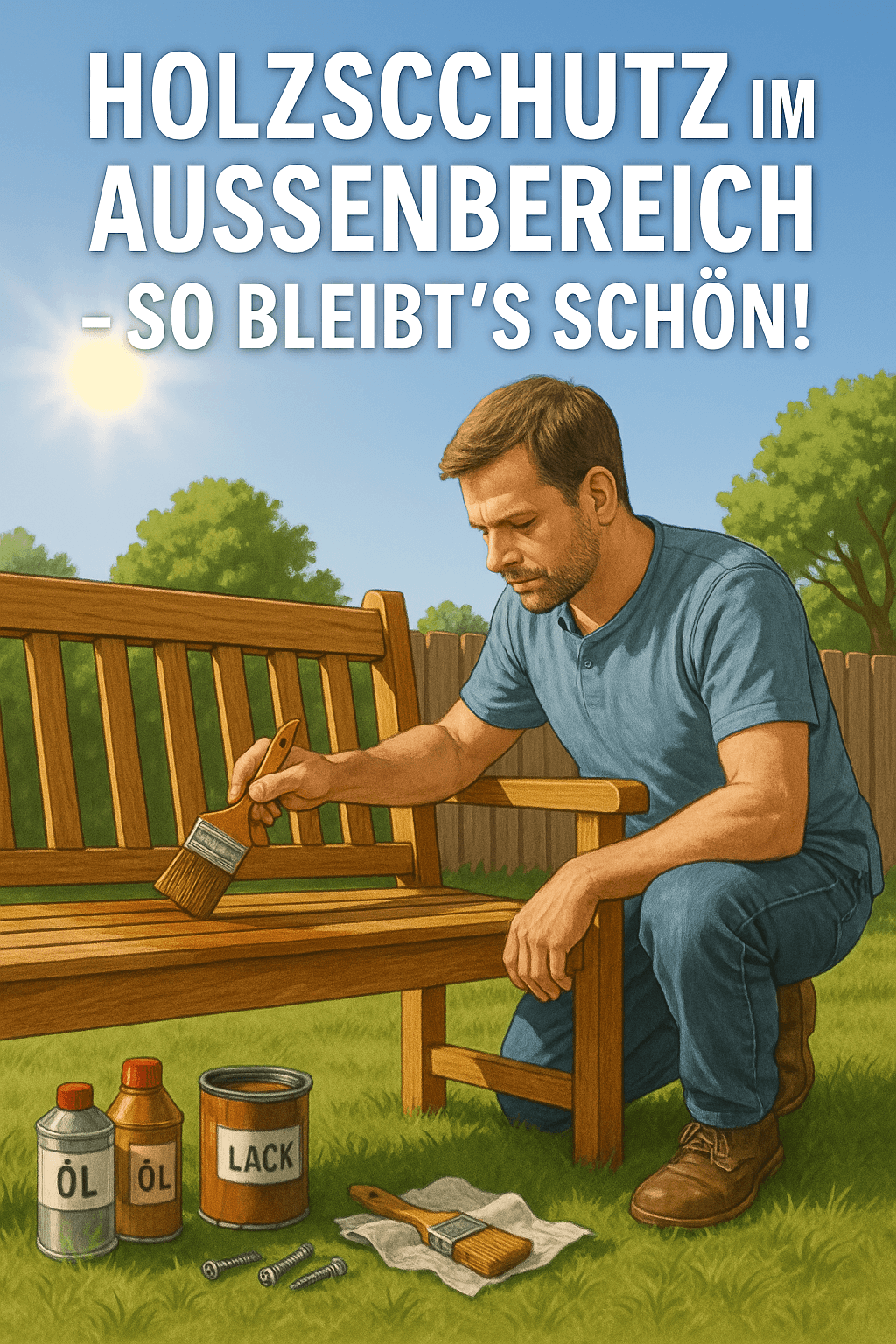 Comic-Stil Illustration eines Heimwerkers, der mit Pinsel Holzlasur aufträgt. Neben ihm stehen verschiedene Holzschutzmittel. #ai