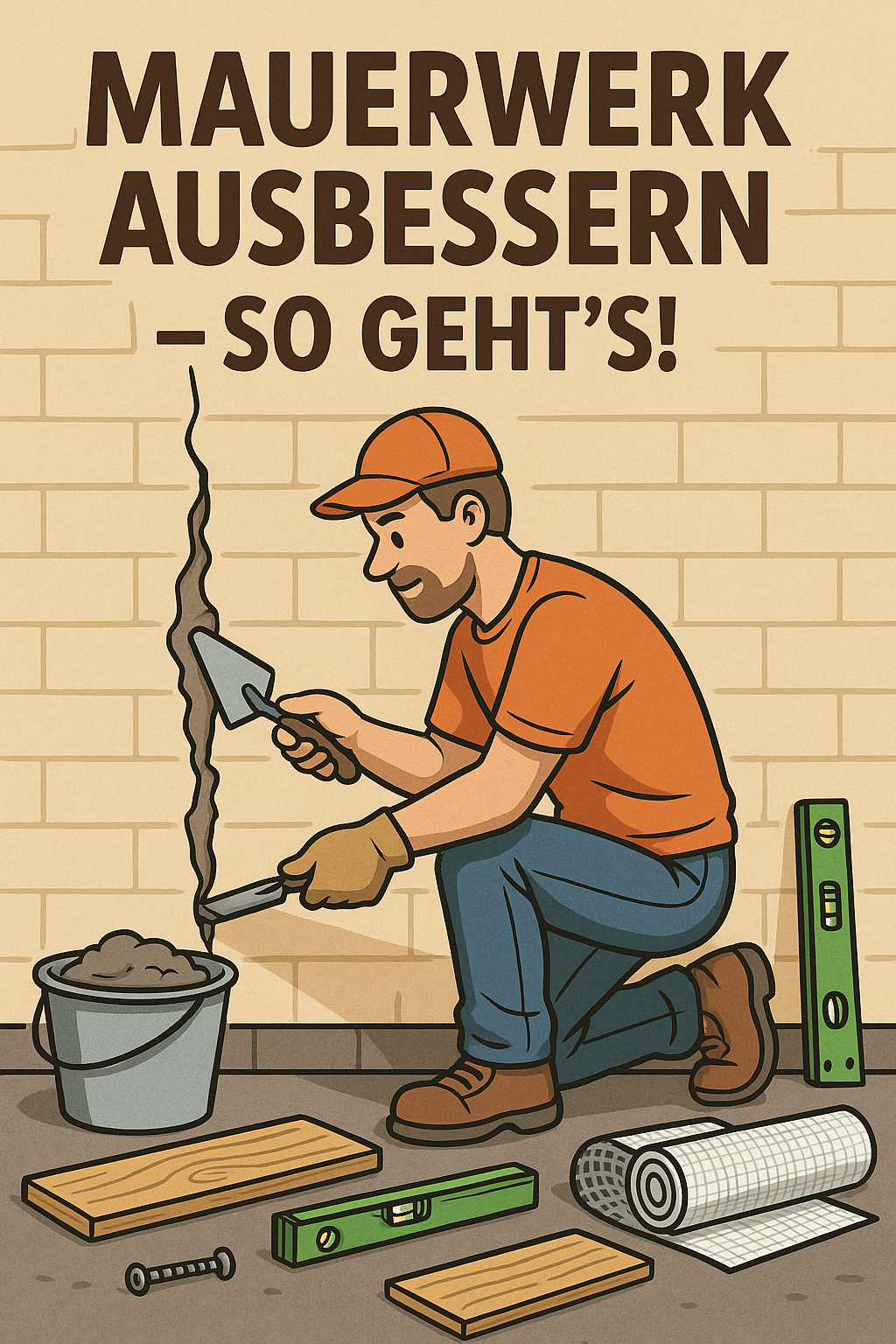 Comic-Stil Illustration eines Heimwerkers, der mit Maurerkelle Mörtel in einen Mauerriss einarbeitet. Werkzeug wie Eimer und Wasserwaage sichtbar. #ai