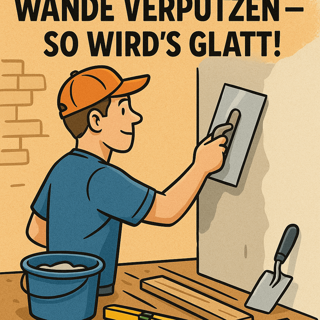 Comic-Illustration eines Heimwerkers, der eine Wand mit Kelle verputzt. #ai
