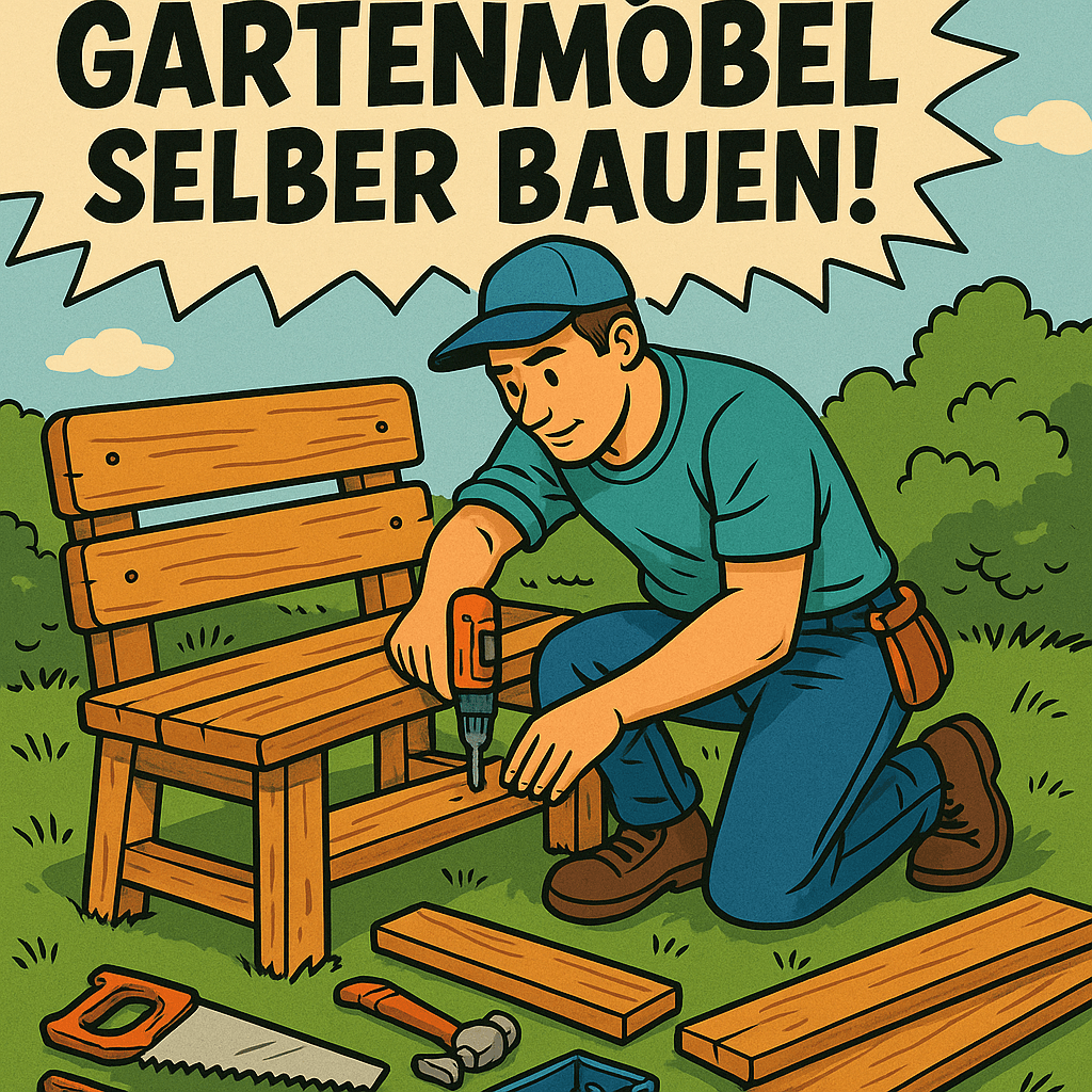 Heimwerker baut im Garten eine Holzbank – DIY-Gartenmöbel leicht gemacht. #ai