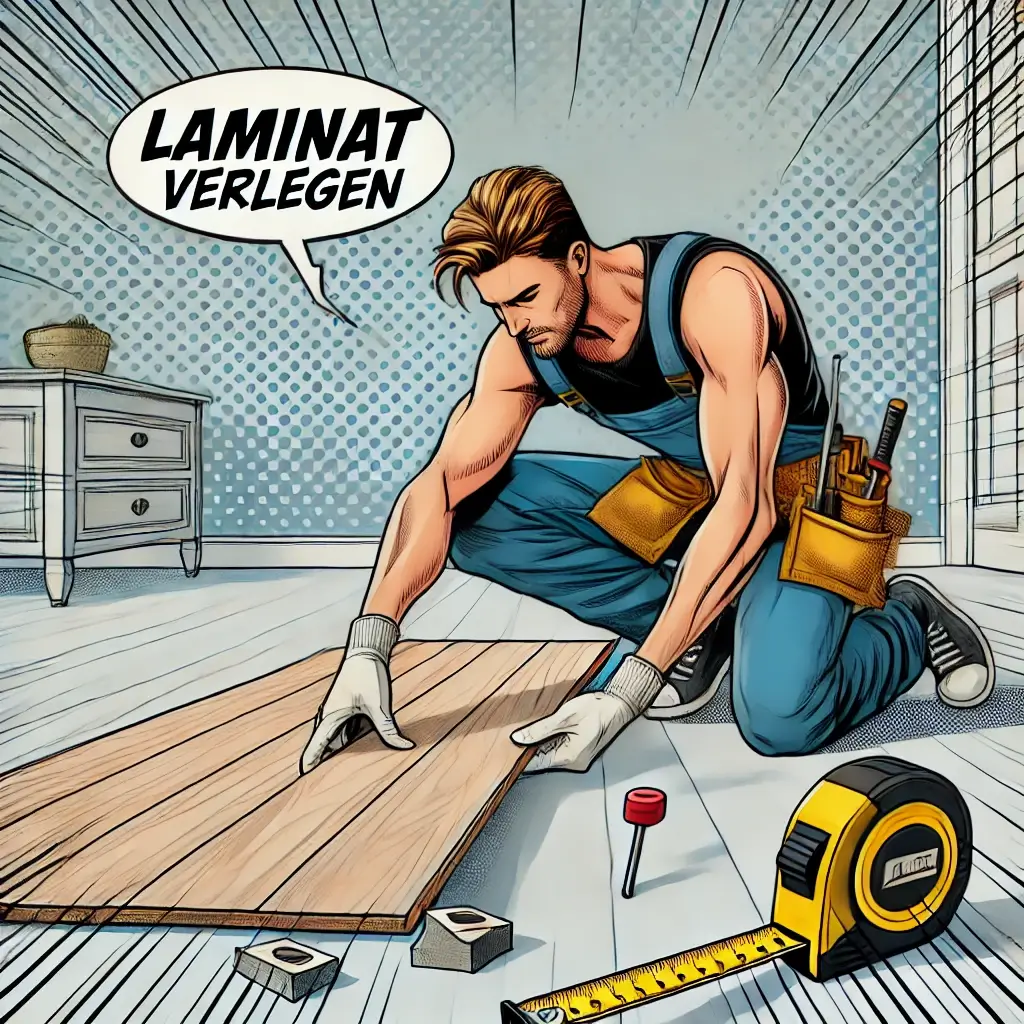 Comic-Illustration: Heimwerker kniet am Boden und setzt Laminatpaneel ins Klicksystem ein. Werkzeuge wie Schlagklotz und Abstandskeile liegen daneben. Text im Bild: „Laminat verlegen –… #ai