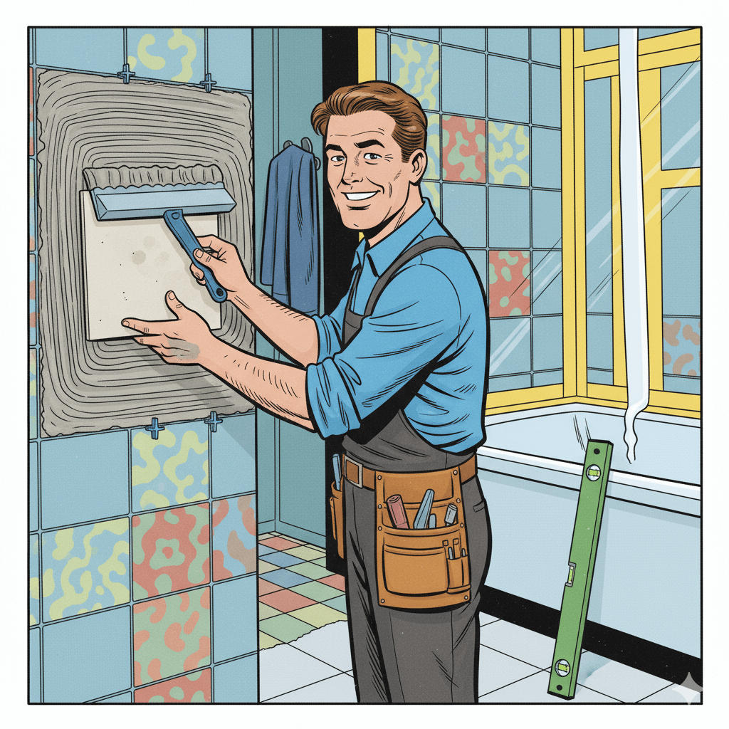 Comic-Illustration: Heimwerker zieht Kleber mit Zahnkelle auf, setzt Fliese ins Bett, Wasserwaage und Fliesenkreuze daneben. Text im Bild: „Fliesen verlegen – Schritt für Schritt“. #ai