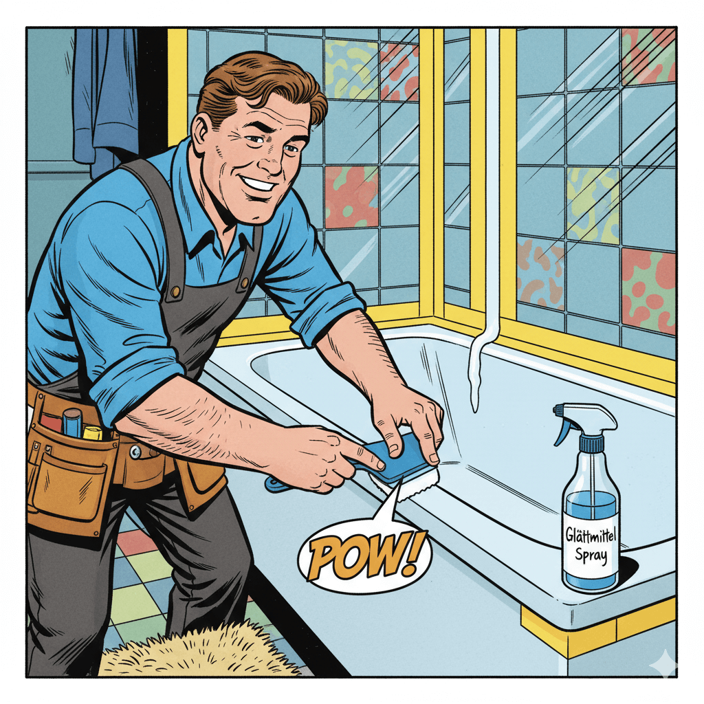 Comic-Illustration eines Heimwerkers, der mit Kartuschenpistole und Fugenglätter eine Badewannenfuge neu zieht. Abgeklebte Kanten, Sprühflasche mit Glättmittel. Text im Bild:… #ai