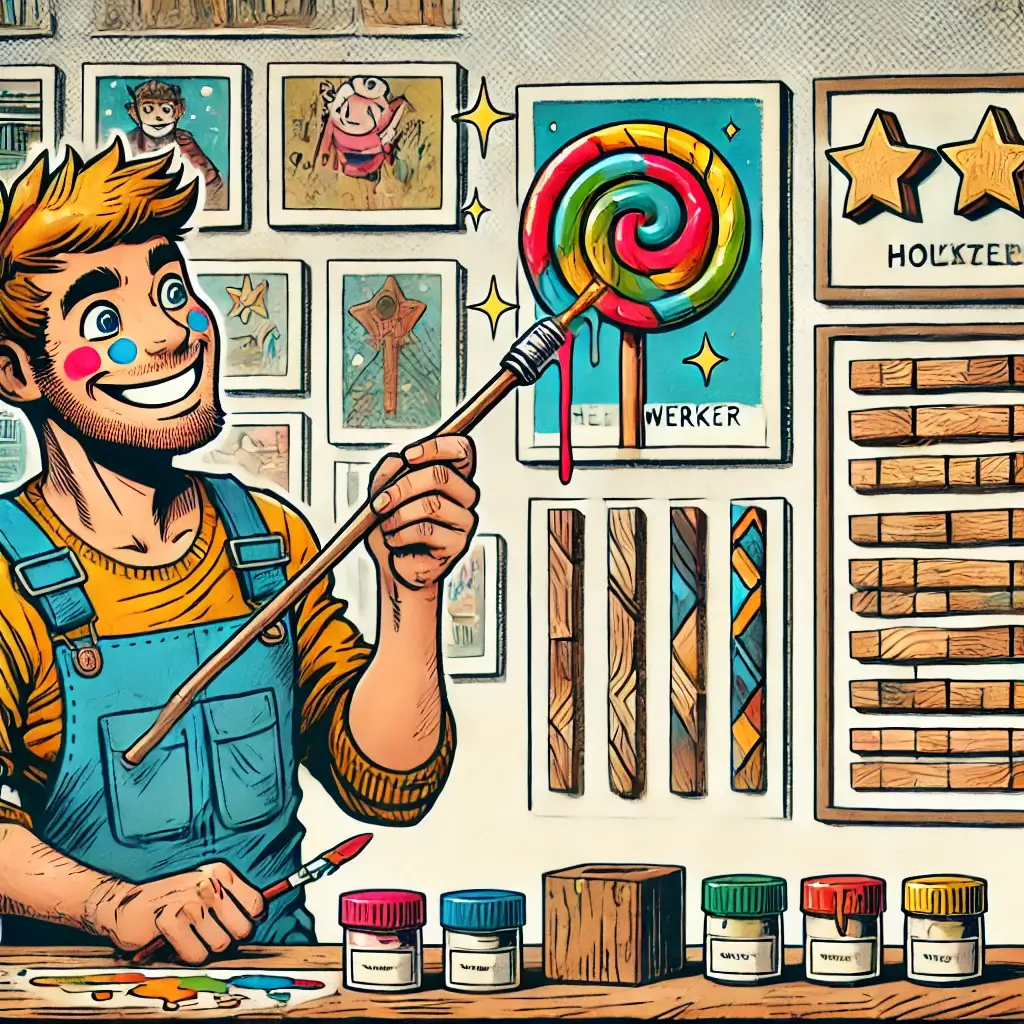 Comic-Illustration eines Heimwerkers, der eine Wand farbig streicht. Daneben sind Bilderrahmen und Holzpaneele zu sehen. Text im Bild: „Kreative Wandgestaltung – Ideen für dein Zuhause!“ #ai