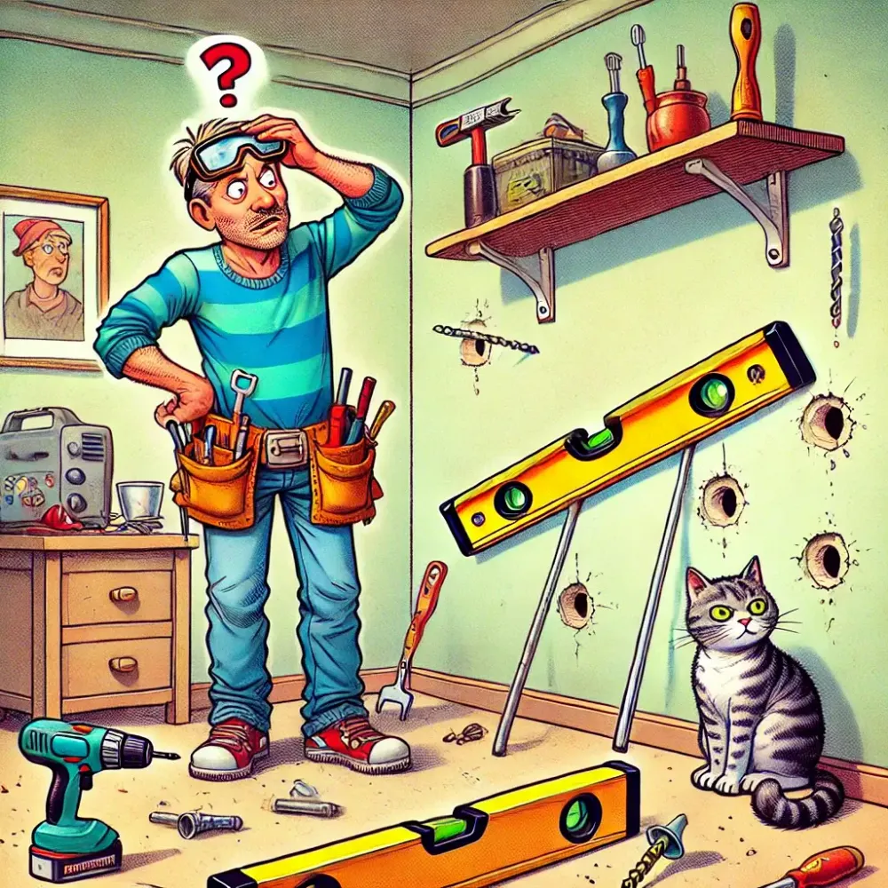 Comic-Illustration eines Heimwerkers, der ratlos vor einem schiefen Regal steht. Daneben liegen Dübel und Wasserwaage. Text im Bild: „Fehler vermeiden – So klappt's beim Heimwerken!“ #ai