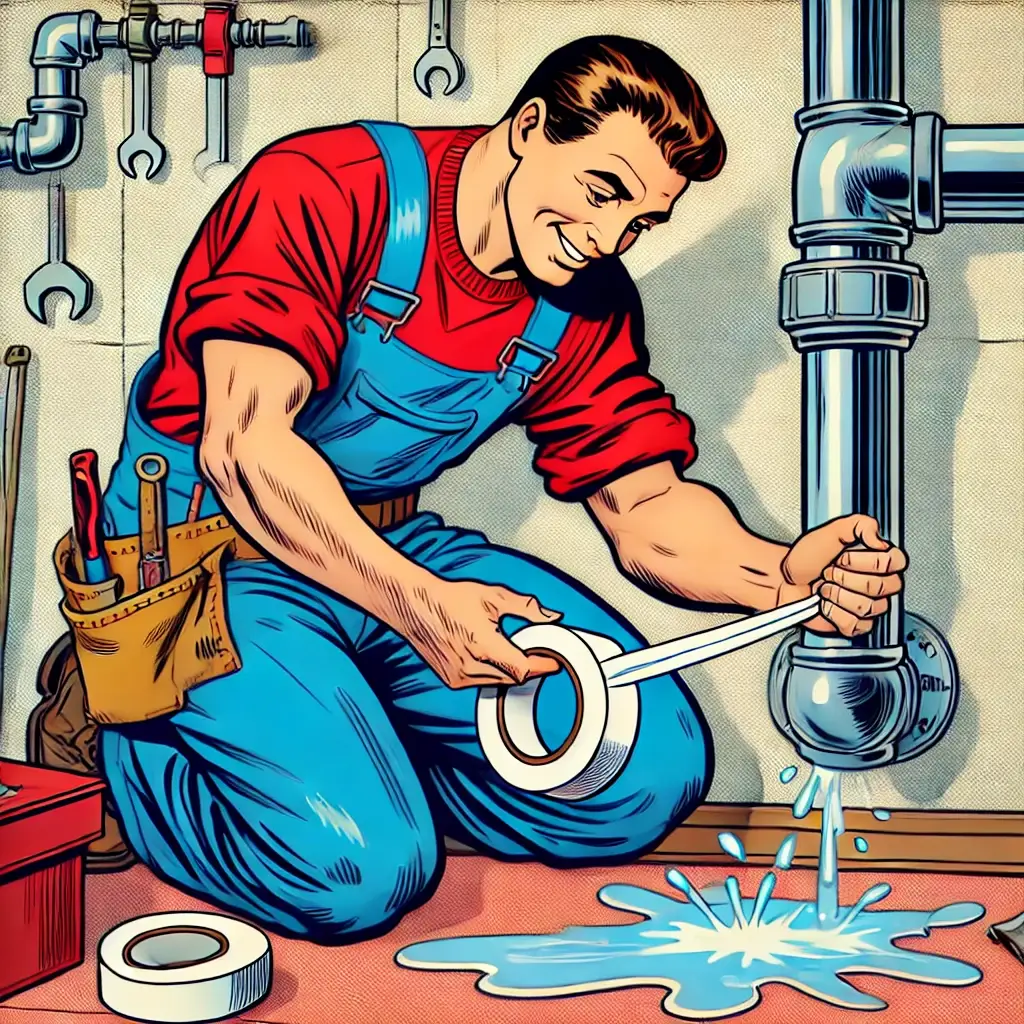 Comic-Illustration: Handwerker flickt ein Rohr mit Dichtungsband, Wasser tropft nicht mehr. Text im Bild: „Kleine Lecks? Schnell geflickt!“ #ai