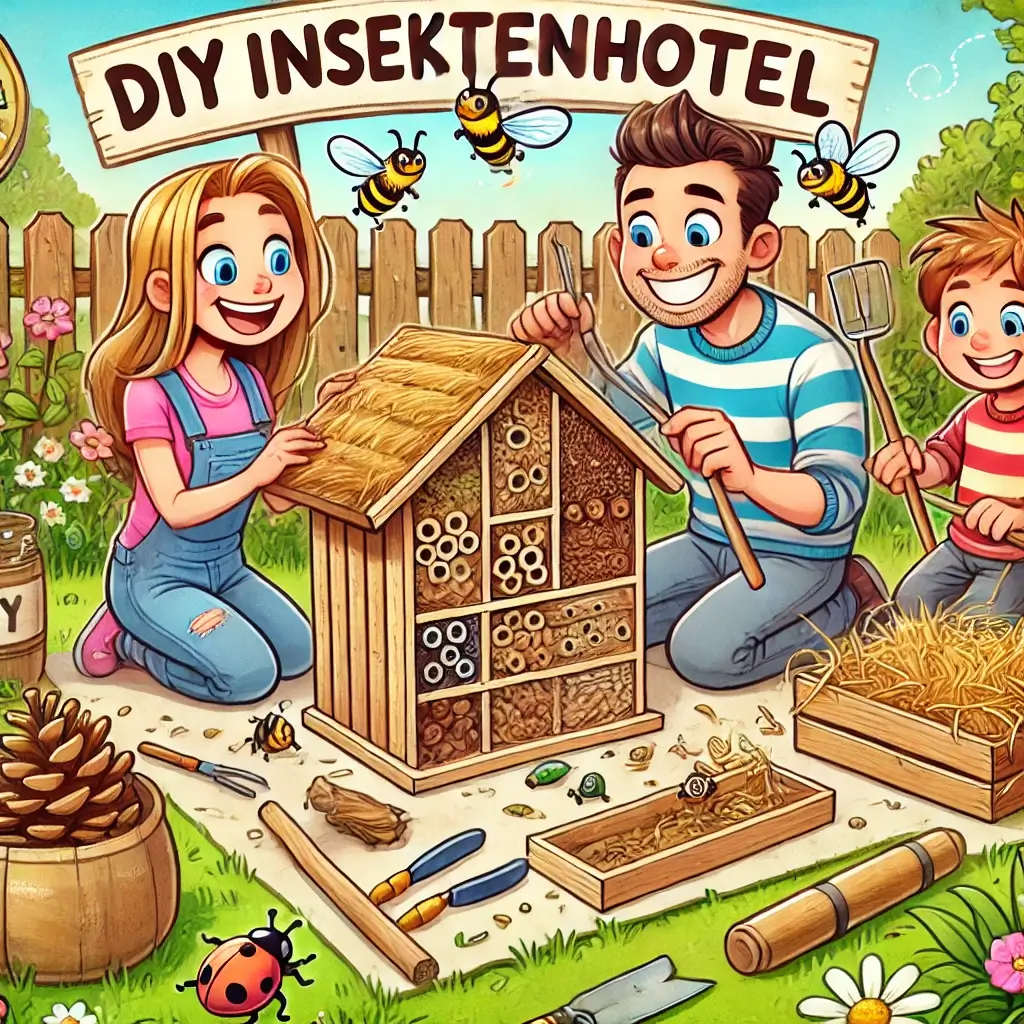 Comic-Illustration einer Familie, die ein Insektenhotel baut. Naturmaterialien liegen bereit, Insekten schwirren herum. Text im Bild: „DIY-Insektenhotel – Bau dein Zuhause für Bienen &… #ai