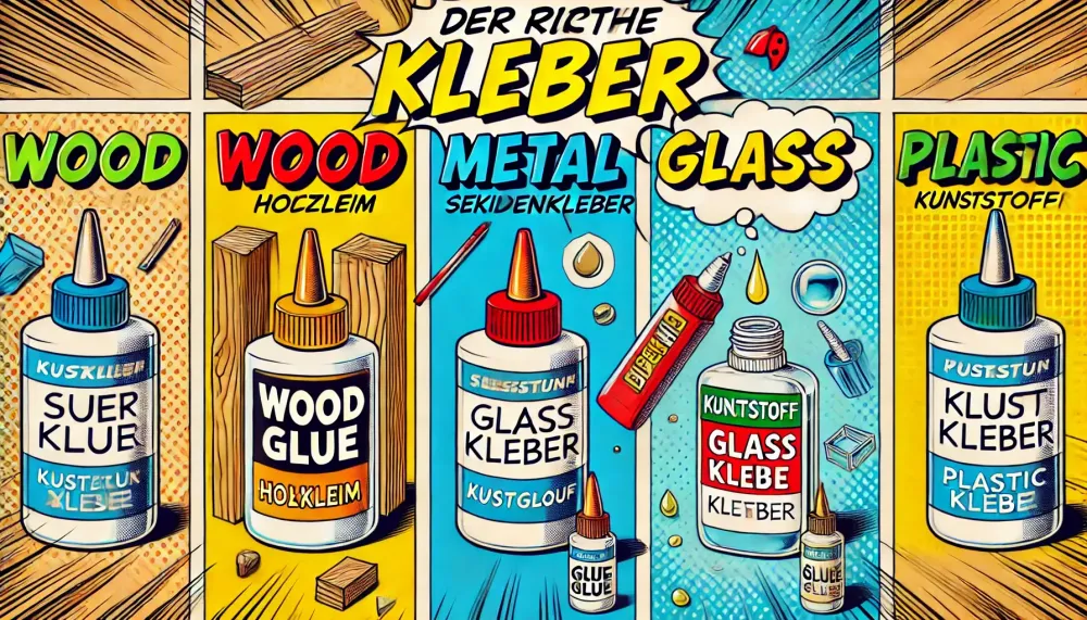 Comic-Illustration mit verschiedenen Materialien (Holz, Metall, Kunststoff, Glas) und passenden Leimflaschen. Zeigt die Vielfalt an Klebstoffen und verdeutlicht ihre Einsatzgebiete. #ai