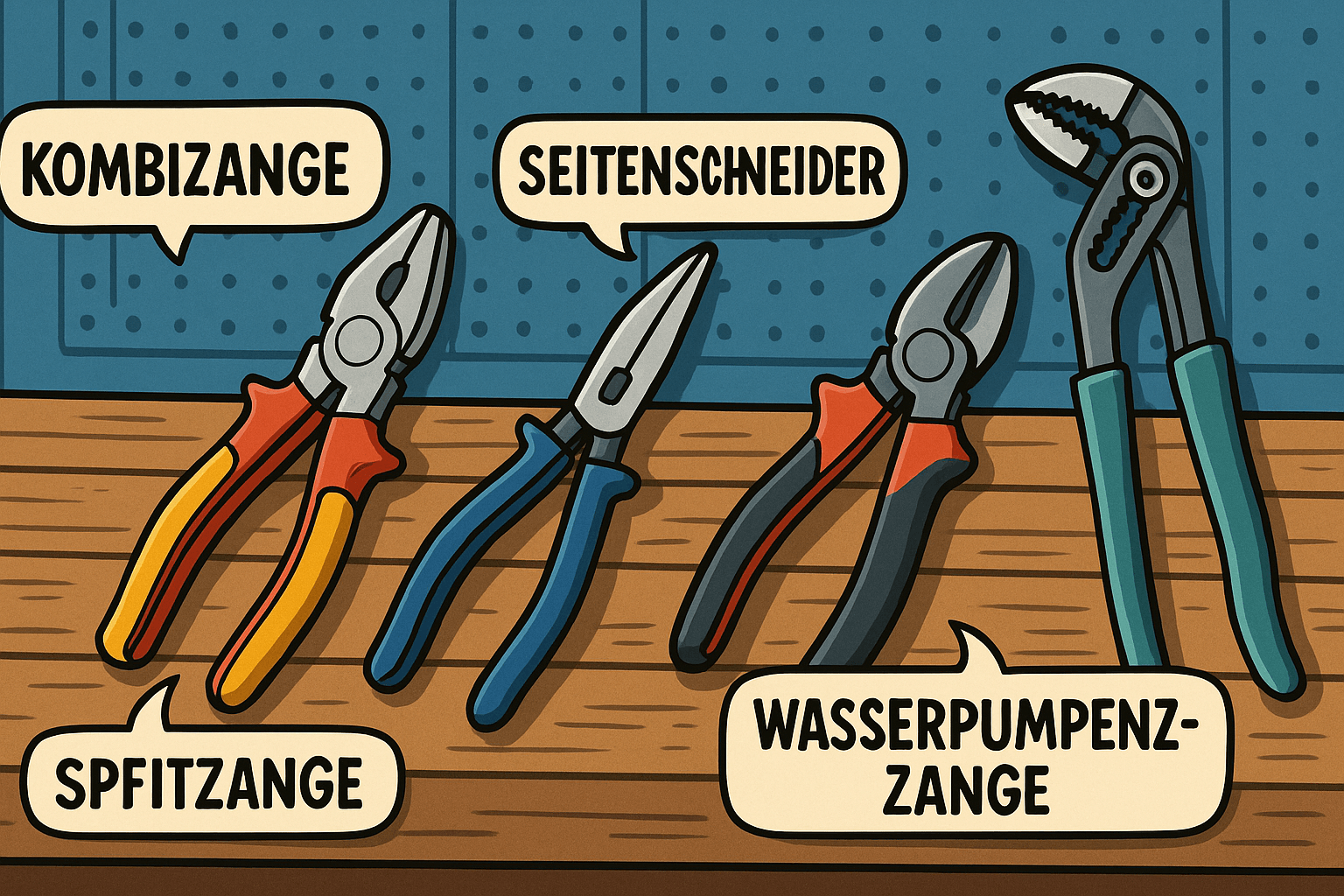 Illustration zeigt verschiedene Zangenarten – Kombizange, Seitenschneider, Spitzzange und Wasserpumpenzange – nebeneinander auf einer Werkbank. Jede Zange ist klar erkennbar und… #ai