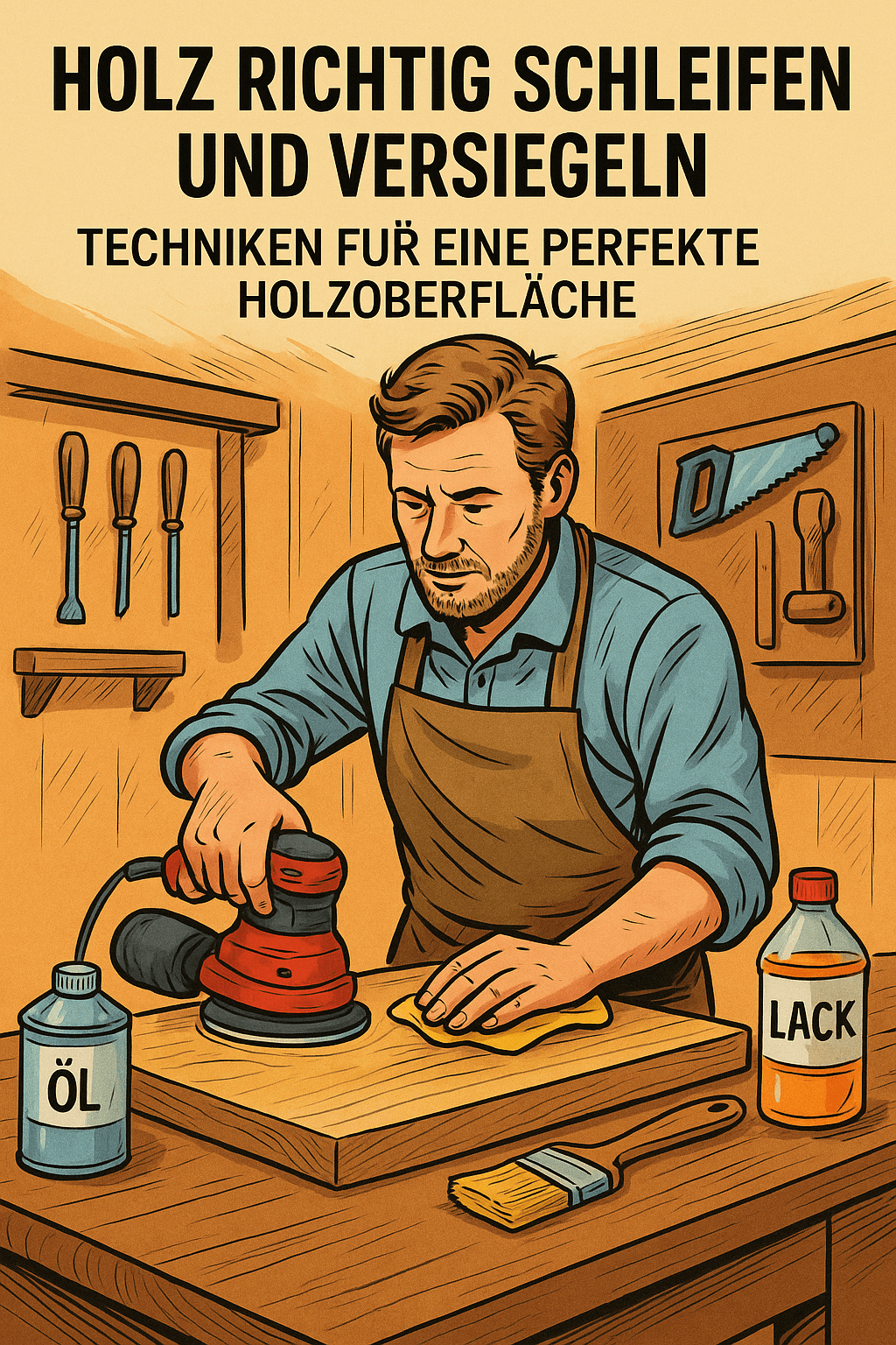 Illustration zeigt einen Heimwerker, der mit Schleifmaschine und Schutzbrille eine Holzplatte bearbeitet. Daneben Öl und Lack als Symbole für die anschließende Versiegelung. Der Fokus… #ai