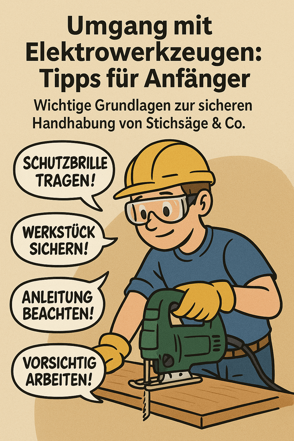 Das Bild zeigt einen Anfänger im sicheren Umgang mit einer Stichsäge. Mit Schutzbrille, Handschuhen und Helm ausgestattet, verdeutlicht die Illustration die wichtigsten Grundlagen zur… #ai