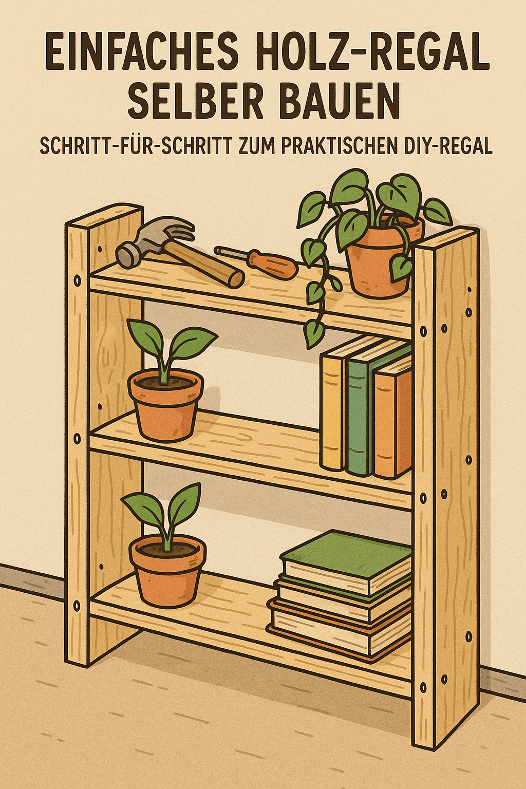 Das Bild zeigt ein schlichtes, selbstgebautes Regal aus naturbelassenem Holz. Es steht an einer hellen Wand und ist mit Werkzeug, Pflanzen und Büchern dekoriert. Die Konstruktion… #ai