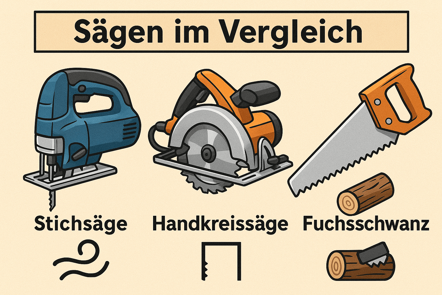 Illustration der drei wichtigsten Sägen für Heimwerker – Stichsäge für Kurven, Handkreissäge für gerade Schnitte, Fuchsschwanz für grobe Arbeiten. #ai