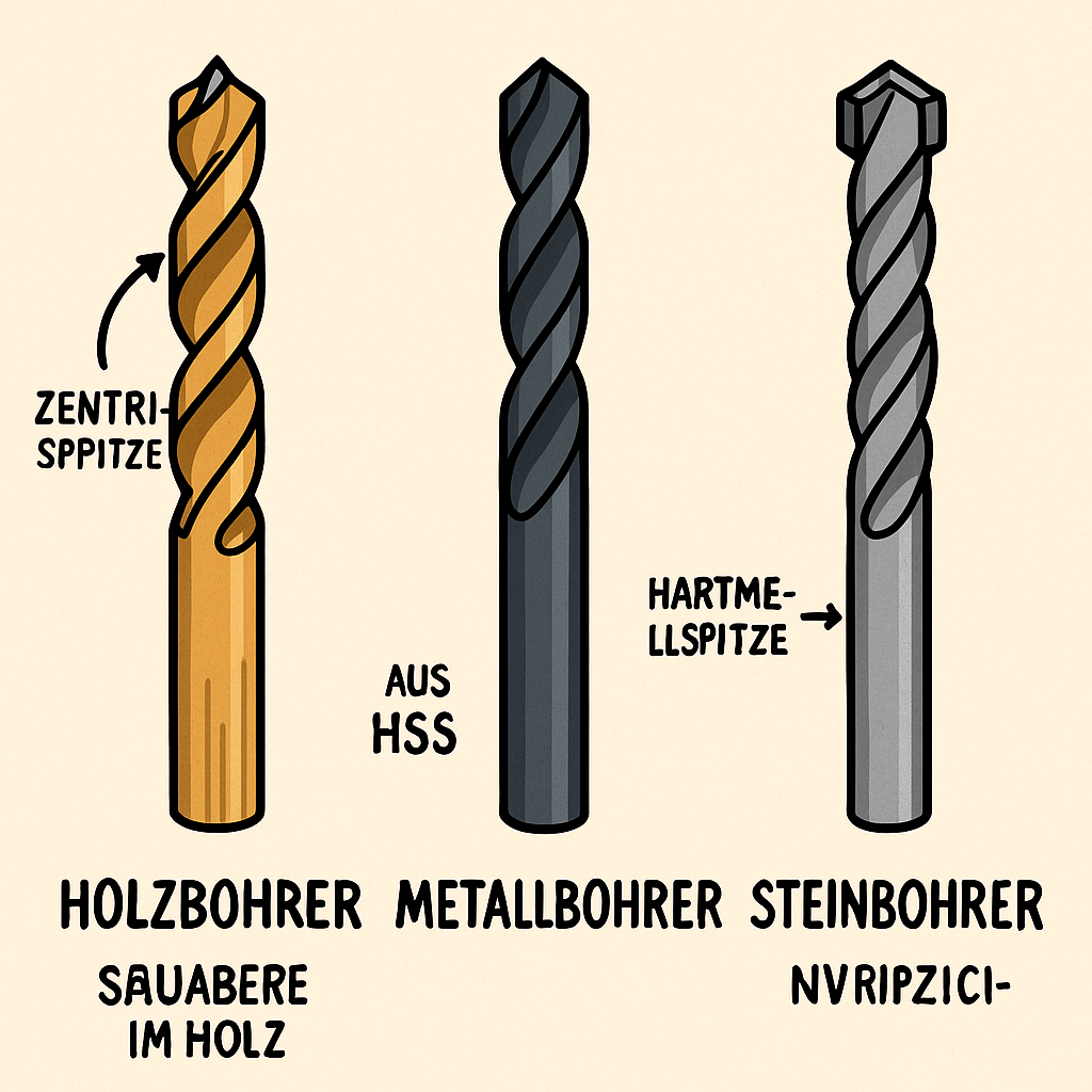 Vergleich der wichtigsten Bohrerarten: Holzbohrer mit Zentrierspitze, Metallbohrer aus HSS und Steinbohrer mit Hartmetallspitze – ideal für den Einsatz im Heimwerker-Alltag. #ai