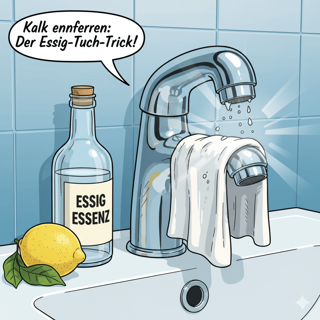 #ai Detailaufnahme der Entkalkung eines Wasserhahns. Ein in Essiglösung getränktes Tuch ist um die Armatur gewickelt, um hartnäckigen Kalk zu lösen. Das Bild demonstriert den effektiven Hausm
