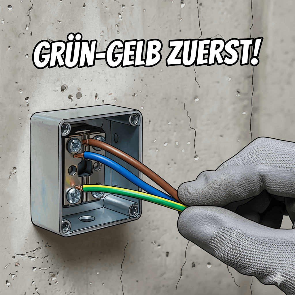 #ai Detailaufnahme der drei Kabel (Grün-Gelb, Blau, Braun/Schwarz) beim Anschließen einer Steckdose. Fokus auf die korrekte Reihenfolge und Farbzuordnung der Adern.