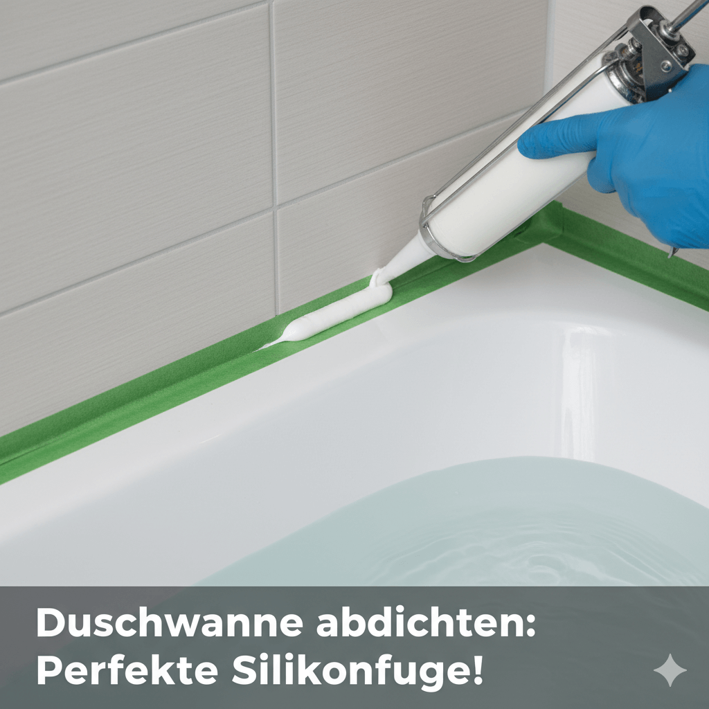 #ai Detailaufnahme einer frisch gezogenen Silikonfuge zwischen einer Duschwanne und der Wand. Die Fuge ist mit Malerband abgeklebt, um eine professionelle, gerade Kante zu gewährleisten. Das 