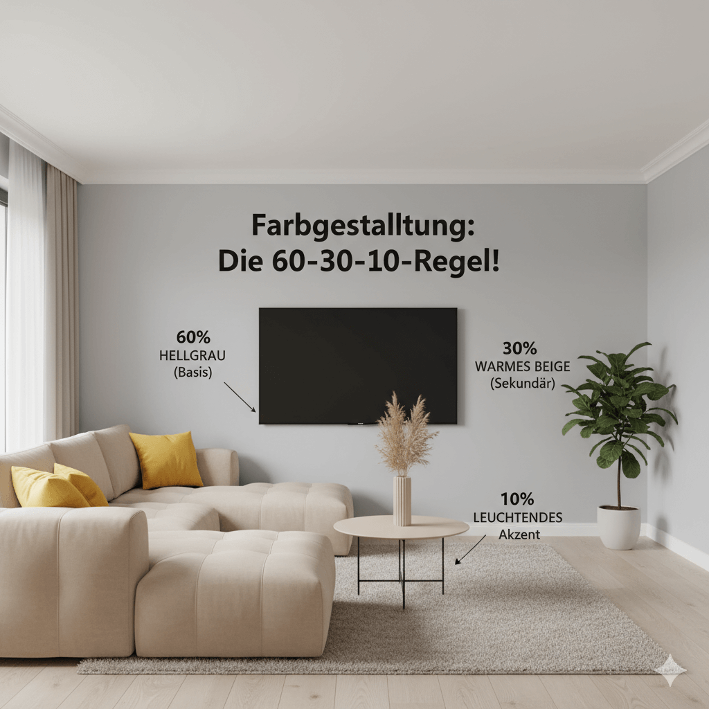 #ai Schematisches Bild, das die 60-30-10-Regel in der Farbgestaltung veranschaulicht. Die prozentuale Aufteilung der dominierenden, sekundären und Akzentfarbe in einem Raum wird dargestellt, 