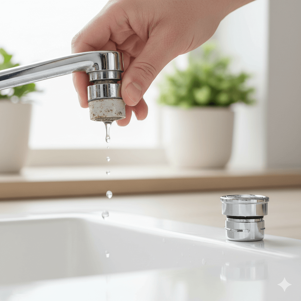Detailaufnahme der Montage eines Spar-Perlators an einem Küchenwasserhahn. Eine Hand schraubt den alten, defekten oder ineffizienten Strahlregler ab, um ihn durch ein wassersparendes… #ai