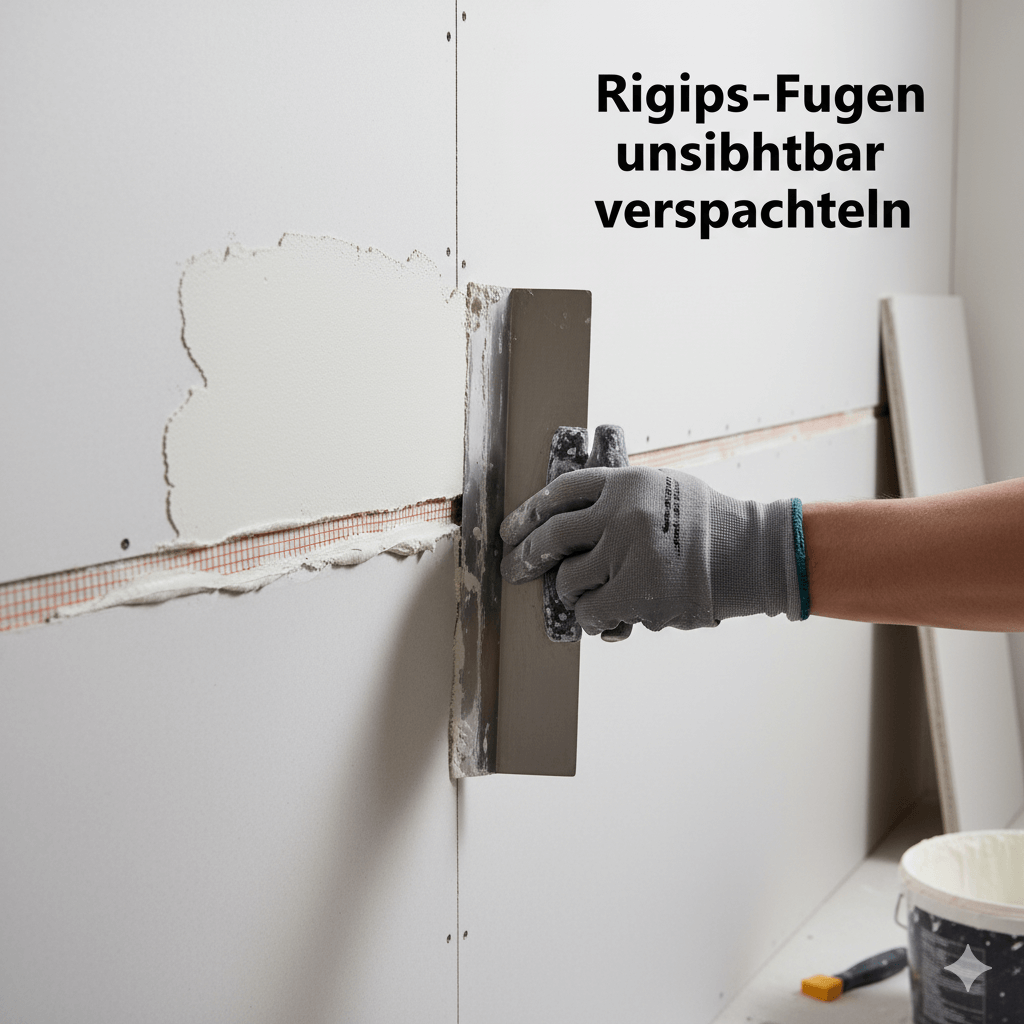 Detailaufnahme der Fugenbearbeitung im Trockenbau: Eine Hand glättet eine Fuge zwischen Rigipsplatten mit einer breiten Glättkelle und Spachtelmasse. Der Fokus liegt auf der präzisen… #ai