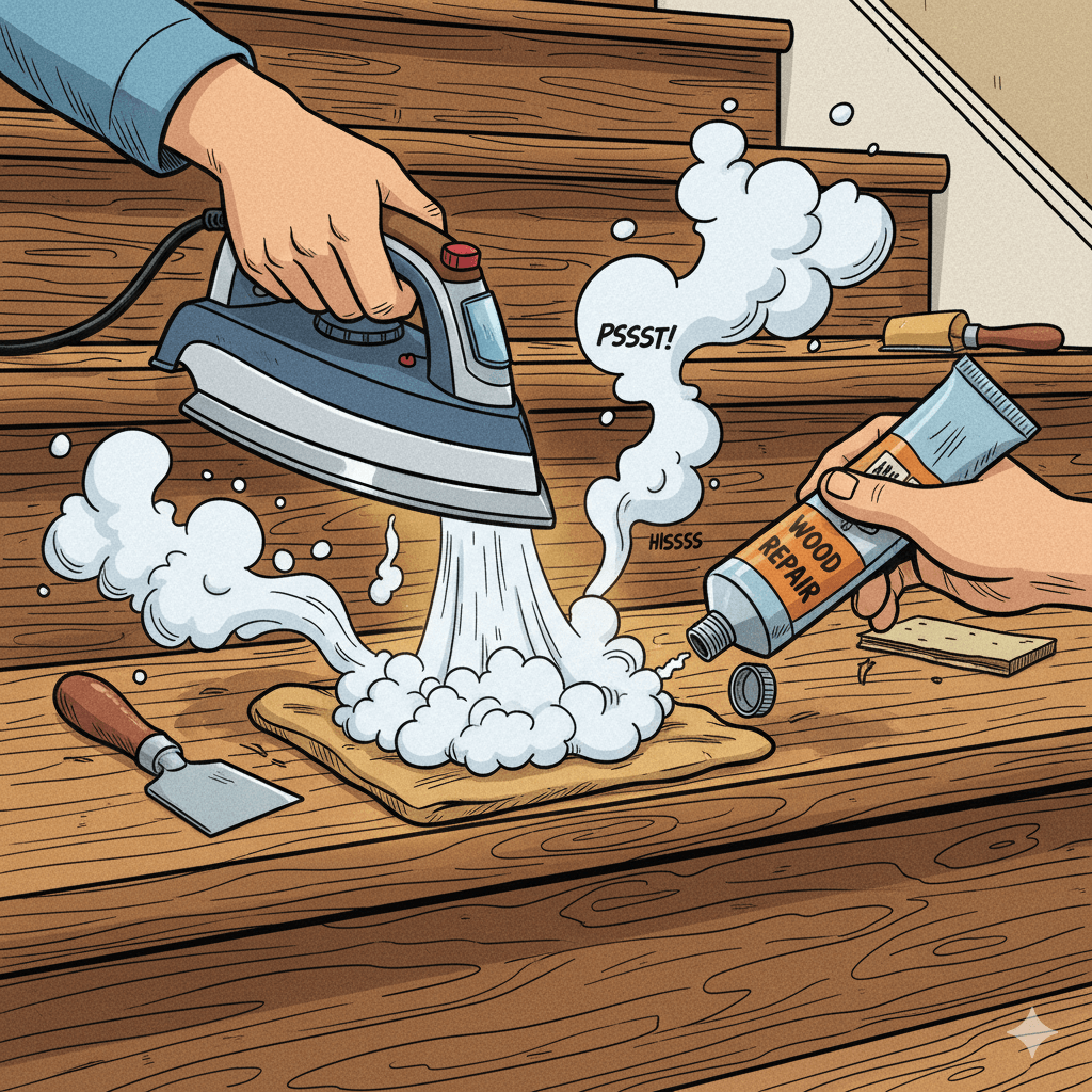 #ai Detailaufnahme der Reparatur einer Delle auf einer Holztreppe. Die Delle wird mit der Bügeleisen-Dampf-Methode behandelt, um die Holzfasern wieder aufzuquellen. Dies ist eine effektive DI