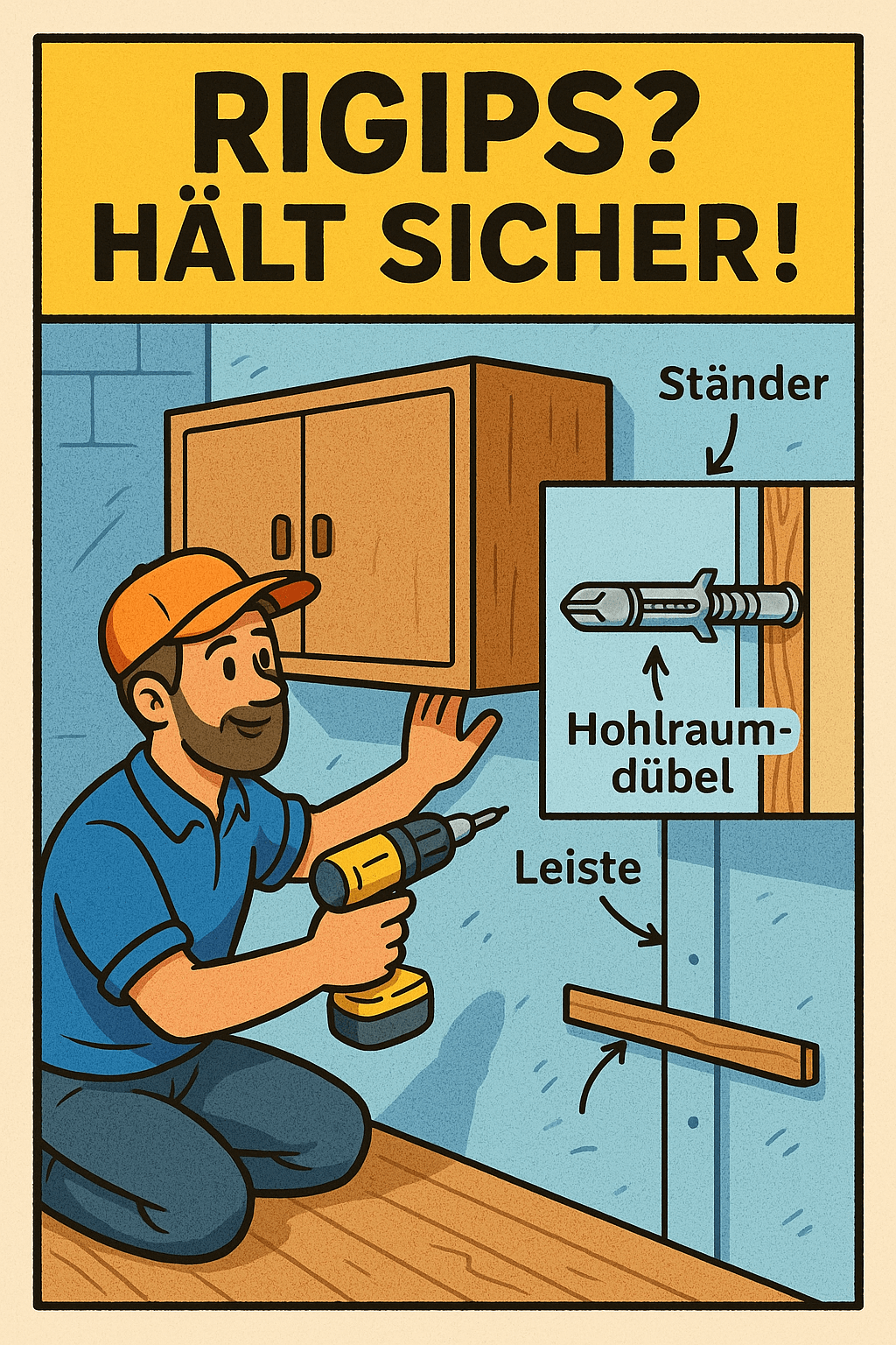 Comic-Grafik eines Heimwerkers, der einen Hängeschrank an Rigips montiert. Cutaway zeigt Hohlraumdübel und Schraube im Ständer ; On-Image-Text „Rigips? Hält sicher!“. #ai