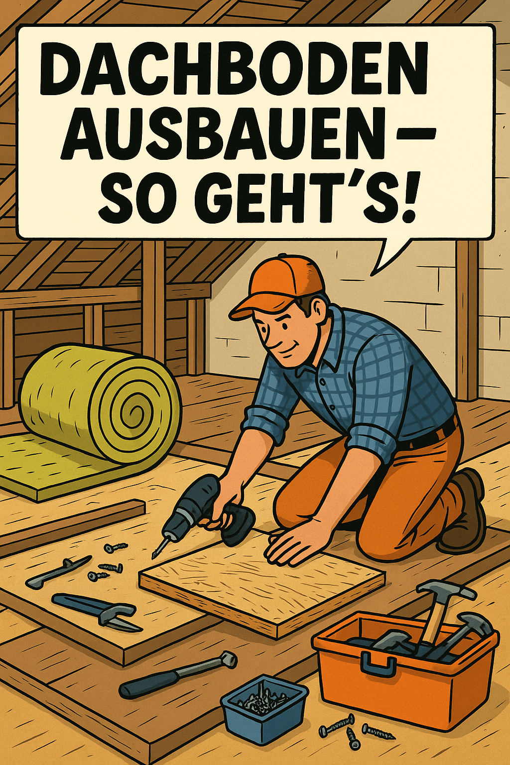 Comic-Illustration mit Heimwerker, der OSB-Platten auf dem Dachboden verlegt, Werkzeug und Dämmmaterial sichtbar. #ai