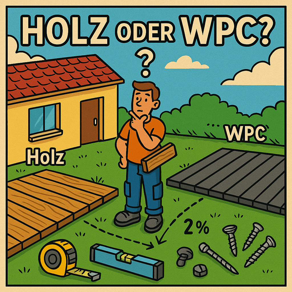 Comic-Style Motiv mit Holz- und WPC-Terrasse im Vergleich, Werkzeug-Icons und 2 %-Gefällehinweis – ideal als Aufmacherbild zum Artikel. #ai