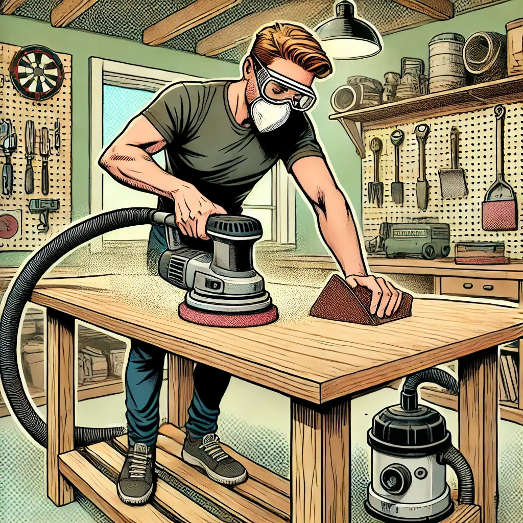 Comic-Illustration: Heimwerker schleift mit Exzenterschleifer eine Tischplatte. Daneben liegen Schleifpapiere P80–P240 und ein Absaugschlauch. Text im Bild: „Holz schleifen wie ein… #ai