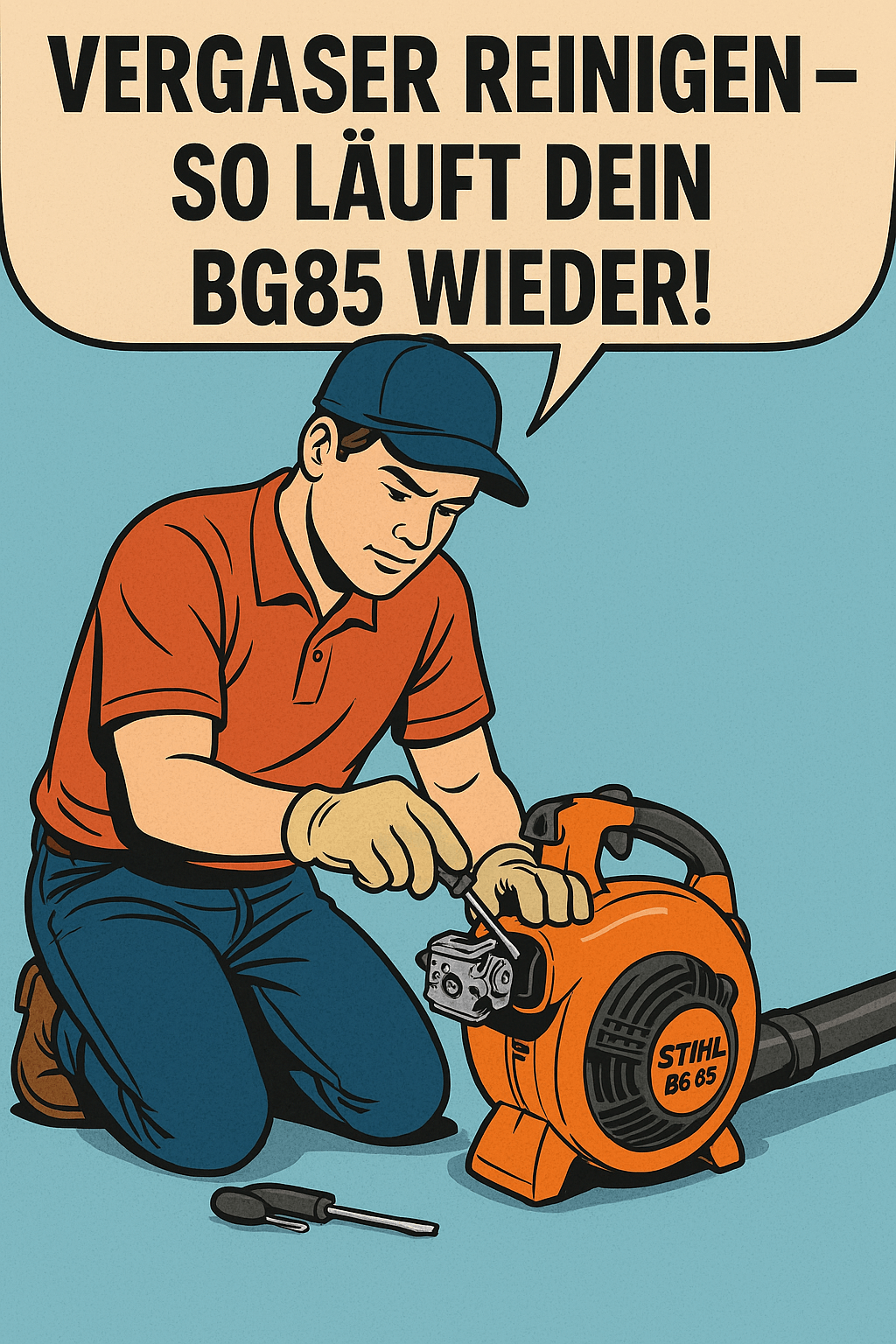 Comic-Illustration eines Heimwerkers, der den Vergaser eines Stihl BG85 Laubbläsers ausbaut. Text im Bild: „Vergaser reinigen – So läuft dein BG85 wieder!“ #ai