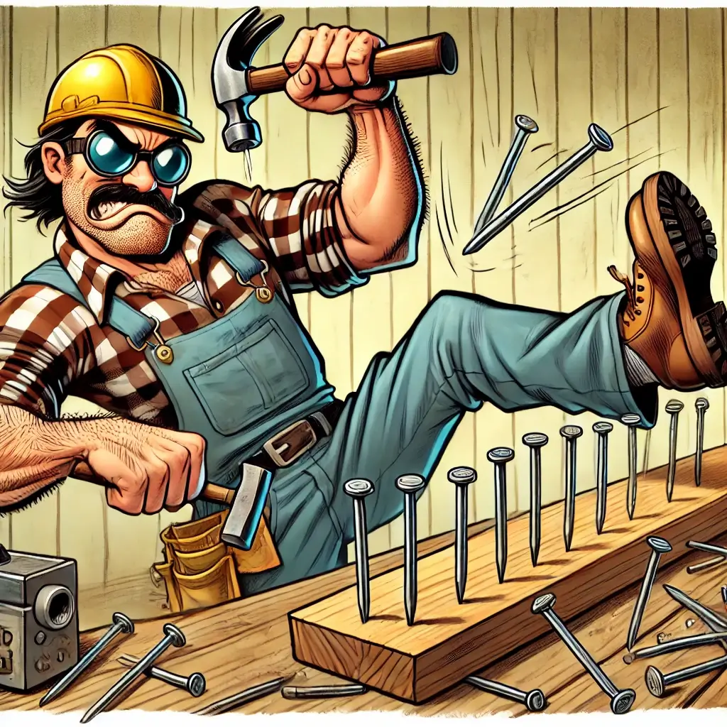 Comic-Illustration eines Handwerkers, der einen Nagel gerade einschlägt, daneben liegen krüme Nägel. Text im Bild: „So schlägst du Nägel wirklich gerade ein!“ #ai
