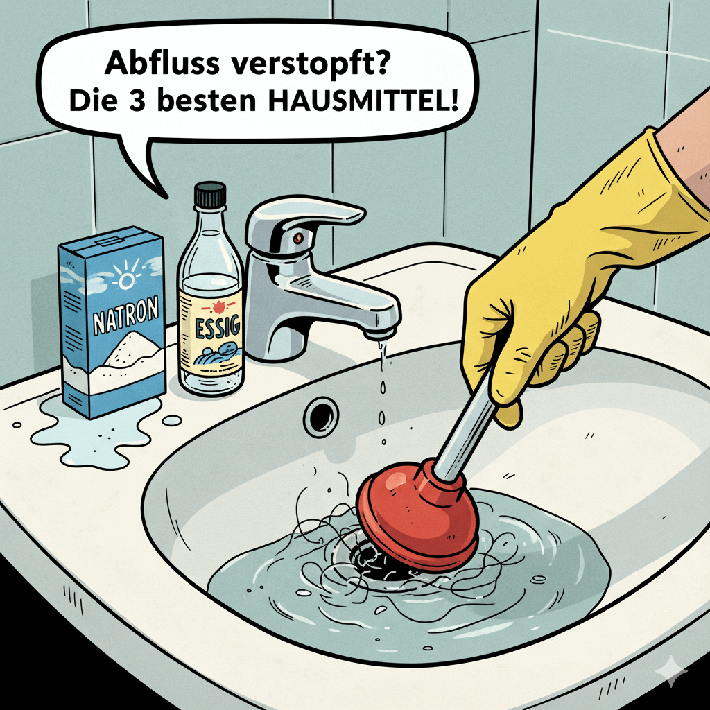 #ai Detailaufnahme der Hausmittel-Methode zur Reinigung eines verstopften Abflusses, dargestellt durch Natron, Essig und eine Saugglocke (Pümpel). Das Bild betont die umweltfreundlichen und e
